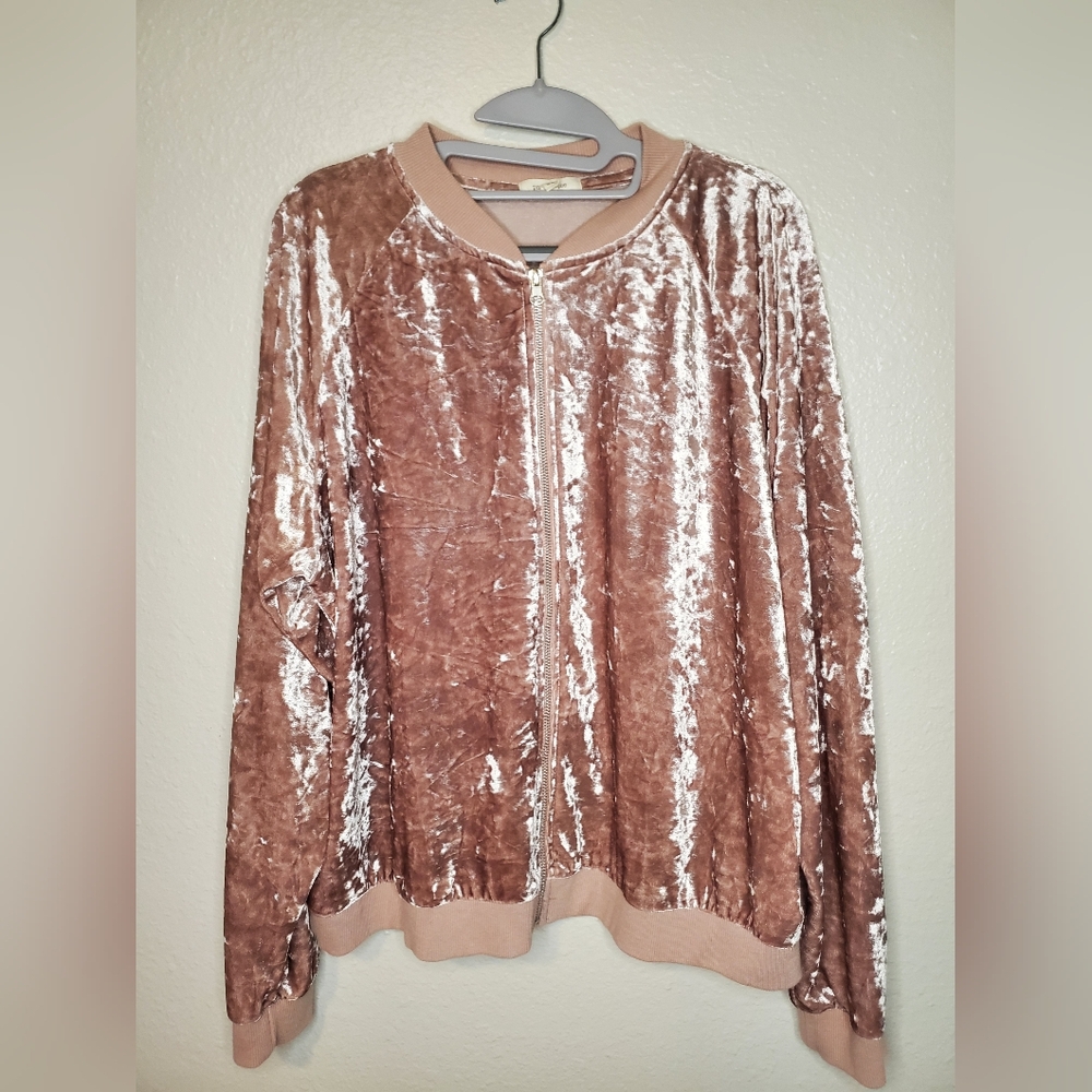 Paper Tee Rose Crushed Velvet Zip-Front Sweatshirt